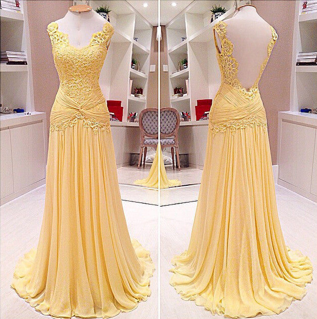Yellow See Through Back Pretty Long Lace Prom Dresses, BG51241