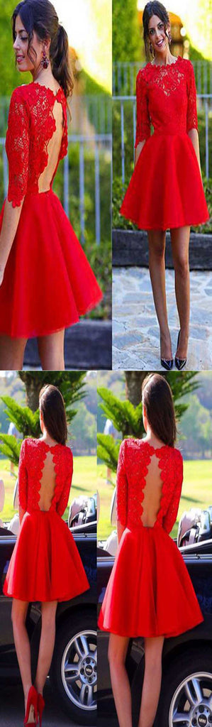 Red Half Sleeve Lace Open Back Homecoming Dresses, BG51448