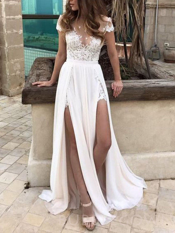 Ivory Cap Sleeves Sexy Split Lace Applique Long Prom Dresses, BG51523