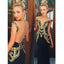 Unique See Through Back Black Gold Cap Sleeve Long Prom Dresses, BG51034
