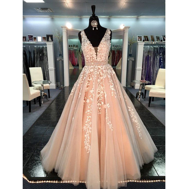 Affordable Peach V Neck Applique Long Cheap Prom Dress, BG51486 - Bubble Gown