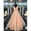 Affordable Peach V Neck Applique Long Cheap Prom Dress, BG51486 - Bubble Gown