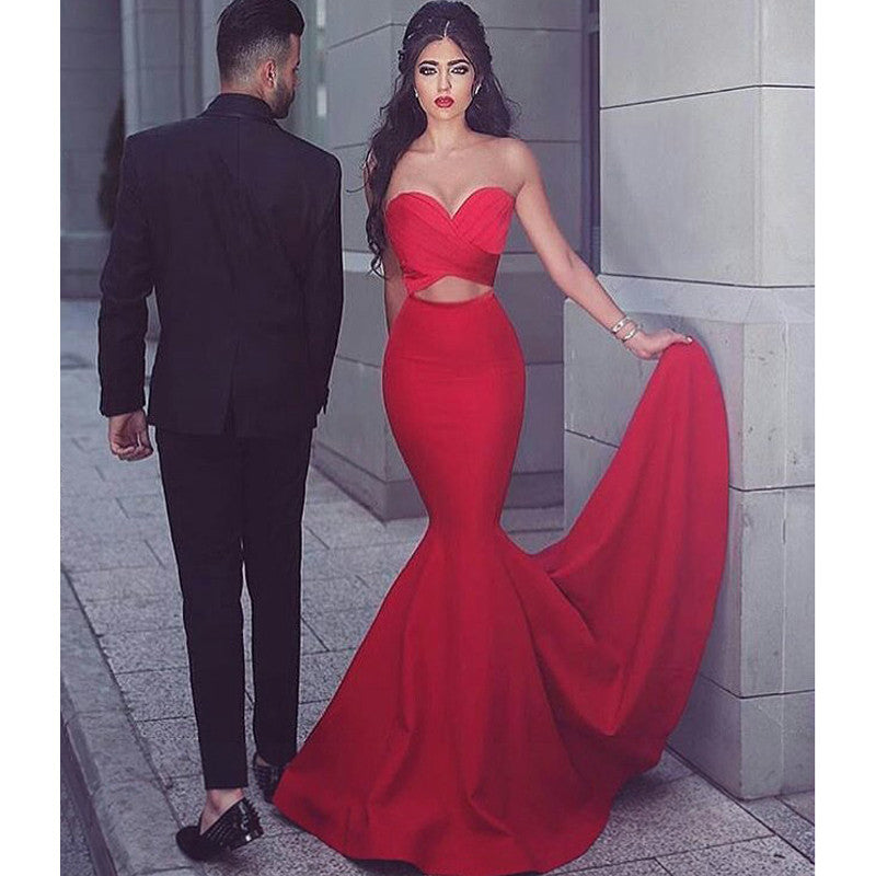 Red Simple Sexy Mermaid Two Pieces Sweetheart Cheap Long Prom Dress, BG51496