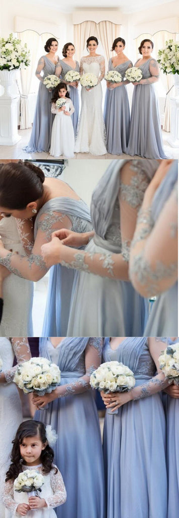 See Through Long Sleeves V Neck Long Cheap Bridesmaid Dresses, BG51078