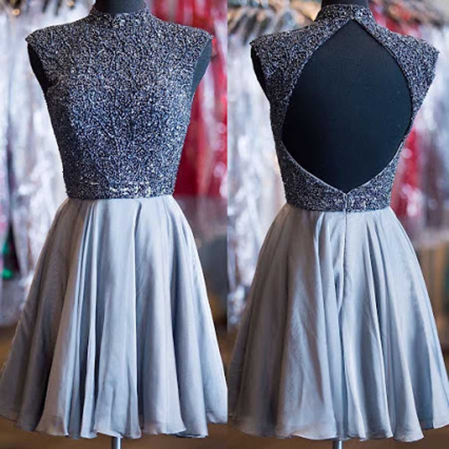 Grey Beads High Neck Open Back Vintage Homecoming Dresses, BG51457 - Bubble Gown
