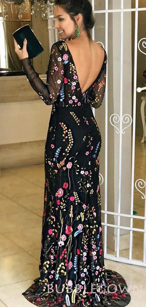 Black Long Sleeves V Back Gorgeous Embroidery Long Evening Prom Dress, BGP047