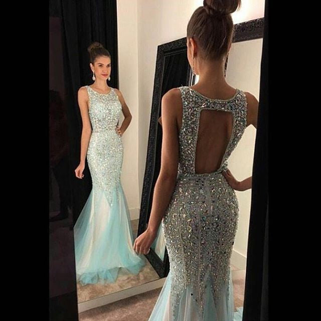 Heavy Beaded Shinning Open Back Mermaid Sexy Long Prom Dresses, BG51218 - Bubble Gown