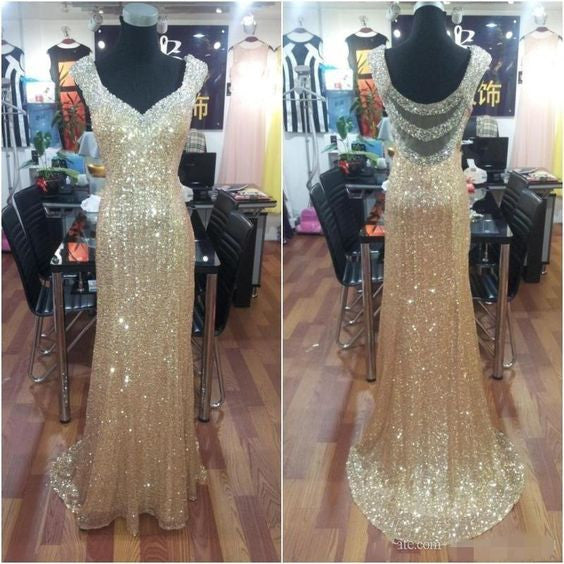 Charming Sparkle Gold Sequin Seen Through Back Long Prom Dress, BG51500 - Bubble Gown