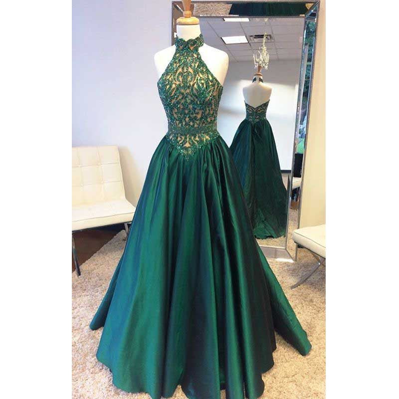 Halter Teal Green Beaded Top Elegant Long Evening Prom Dress, BG51507 - Bubble Gown