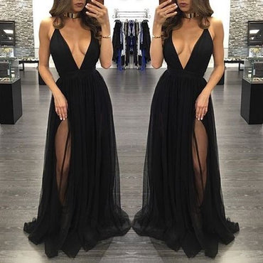 Black Deep V Neck Sexy Simple Side Split Long Party Prom Dresses, BG51514 - Bubble Gown