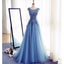 Blue Cap Sleeve Applique Tulle Popular Charming Long Prom Dresses, BG51540