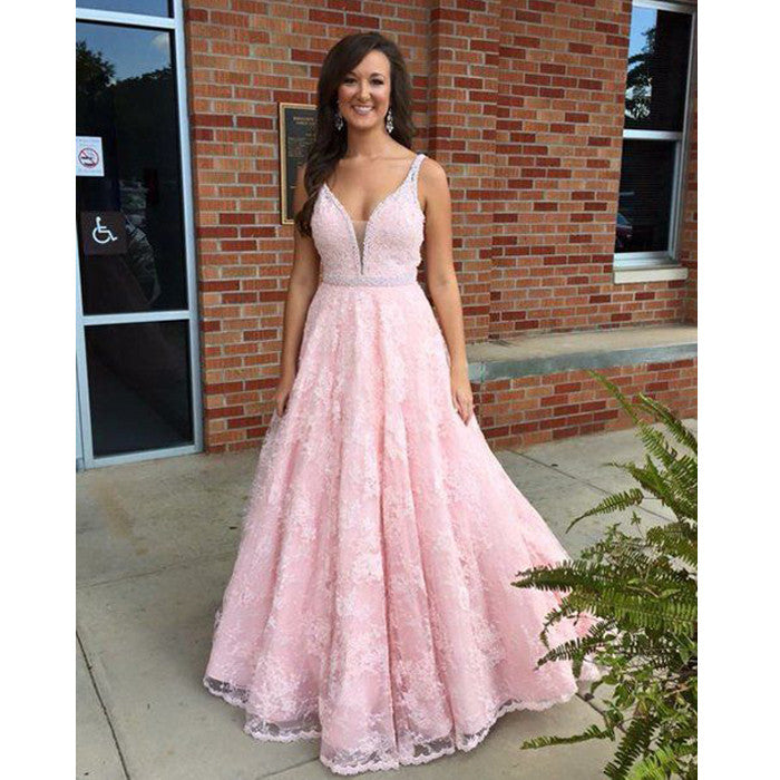 Pink Lace V Neck Applique Long Pretty Cheap Prom Dress, BG51554