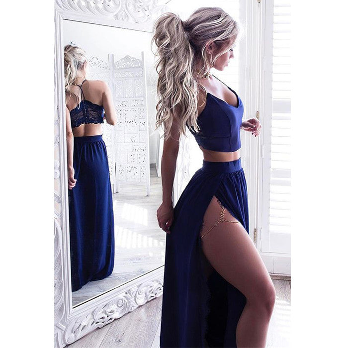 Two Pieces Royal Blue Side Slit Sexy Cheap Long Prom Dresses, BG51565
