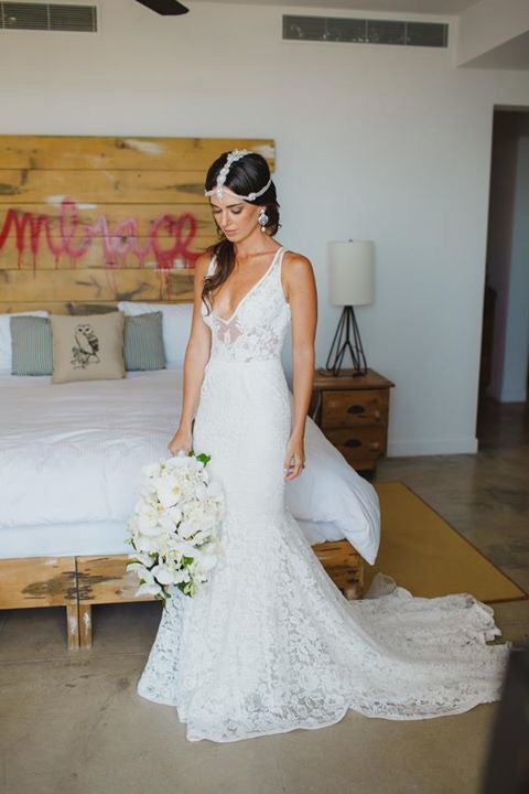 Affordable Lace V Neck Online Elegant Long Wedding Dresses, BG51575 - Bubble Gown