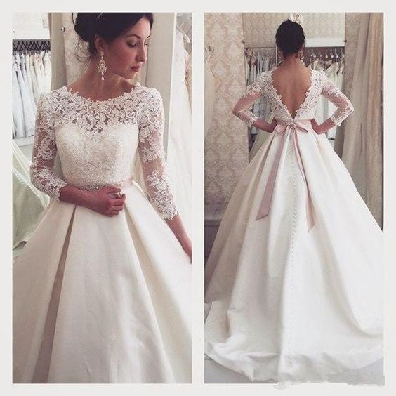 Long Sleeves Lace V Back Cheap Bridal Long Wedding Dresses, BG51597 - Bubble Gown