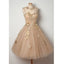 Champange Sleeveless Unique Applique Mini Short Homecoming Dresses, BG51604