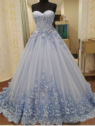 Elegant Sweetheart Tulle Applique Long Evening Prom Dresses, BG51627 - Bubble Gown