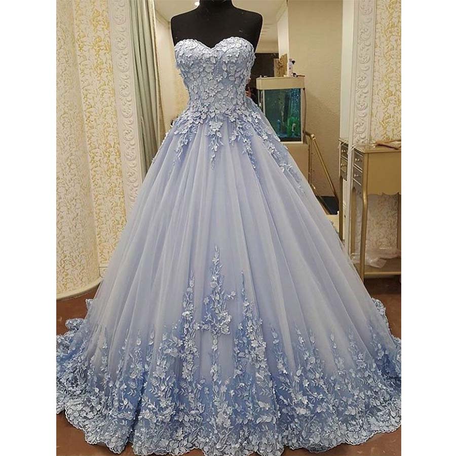 Elegant Sweetheart Tulle Applique Long Evening Prom Dresses, BG51627 - Bubble Gown