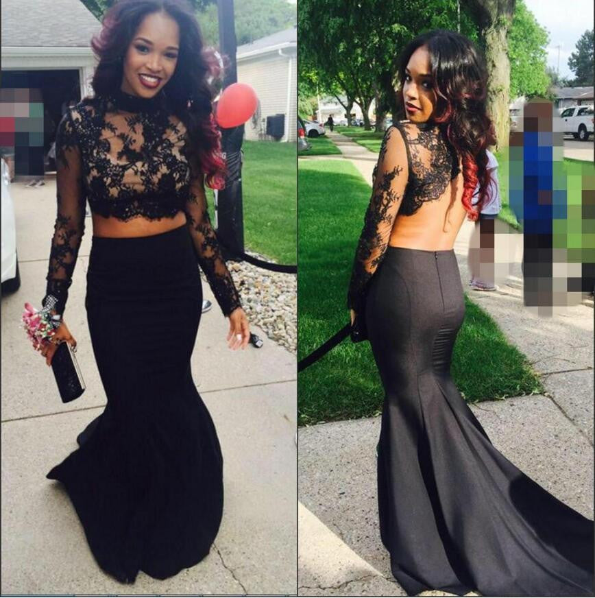 Two Pieces Long Sleeve Black Lace Backless Mermaid Sexy Long Prom Dress, BG51023