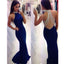 Beaded See Through Back Royal Blue High Neck Mermaid Long Prom Dress, BG51100