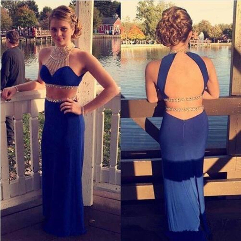 Sexy Two Pieces Backless High Neck Beaded Long Prom Dresses, BG51211