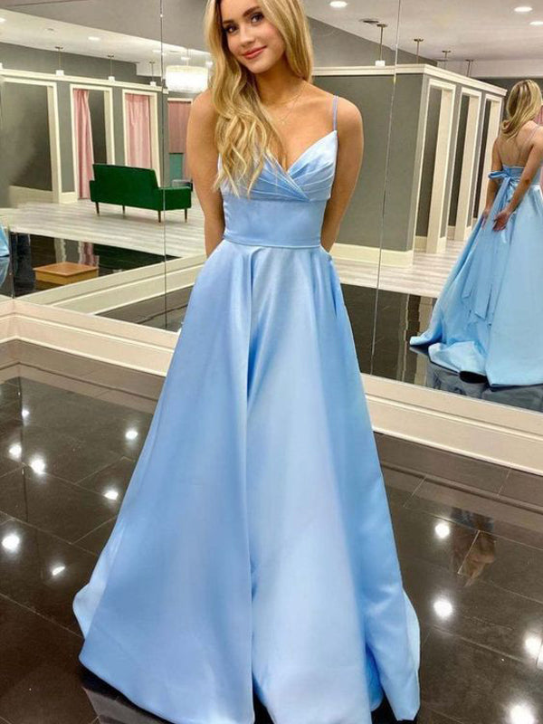 Elegant Spaghetti Strap blue Long Evenning Prom Dresses Ball Gown BG7004