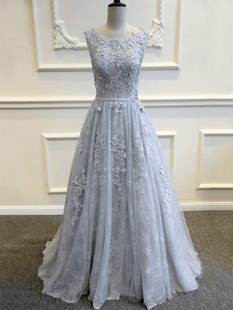 Elegant Low Back Tulle Applique Long Affordable Evening Prom Dresses, BG51542 - Bubble Gown