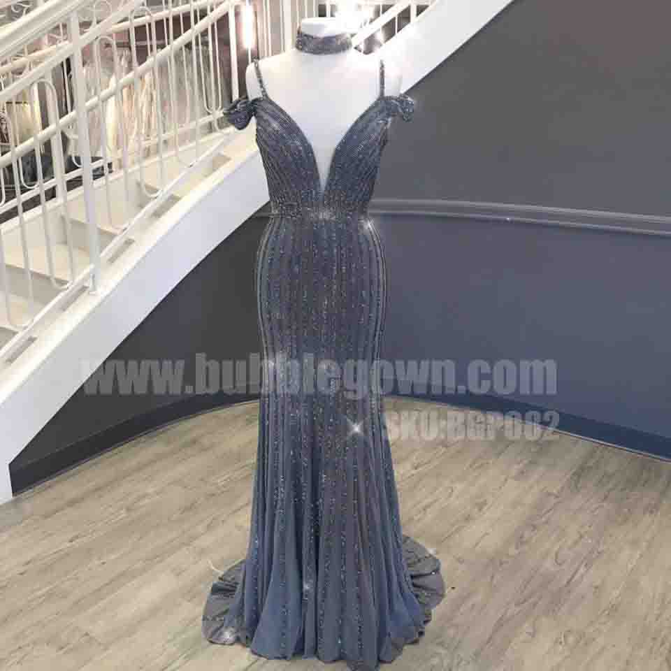 Charming Beaded Off the Shoulder Straps Mermaid Sexy Long Prom Dress, BGP082 - Bubble Gown