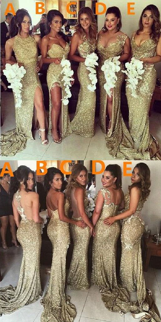 Mismatched Gold Sequin Sparkle Women Long Wedding Party Dresses, BG51375