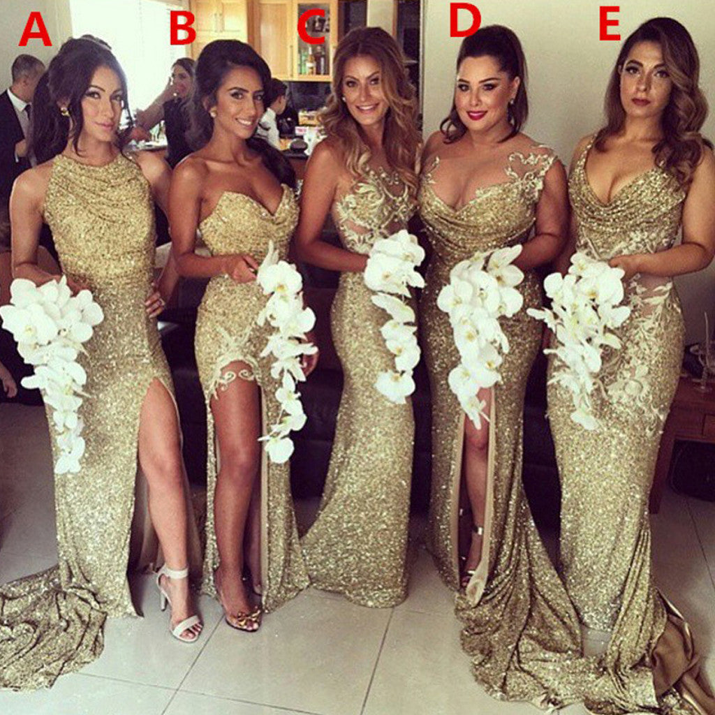 Mismatched Gold Sequin Sparkle Women Long Wedding Party Dresses, BG51375