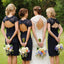 Elegant Lace Navy Blue Open Back Knee-Length Cap Sleeve Bridesmaid Dresses, BG51068
