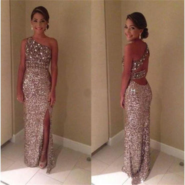 One Shoulder Sequin Side Split Shinning Long Prom Dresses, BG51144