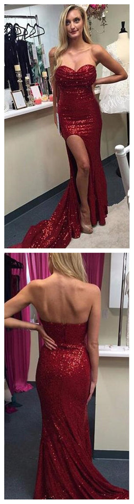 Side Slit Red Sequin Sweetheart Sparkle Sexy Cheap Long Prom Dress, BG51197