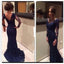 Elegant Navy V-neck Mermaid Long Sleeves Lace Prom Dresses, BG51152