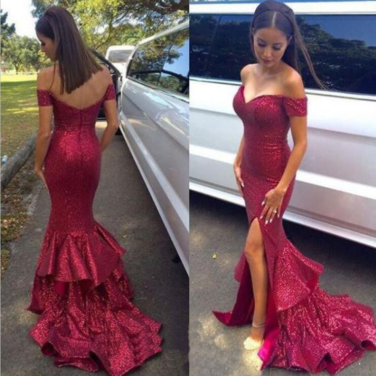 Red Sequin Off Shoulder Sparkle Mermaid Sexy Long Prom Dresses, BG51182