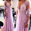 Long Sleeves See Through Deep V Neck Split Long Lace Prom Dresses, BG51116 - Bubble Gown