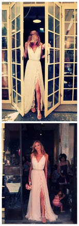 Charming White Long Lace V Neck Side Split Long Prom Dresses, BG51240 - Bubble Gown