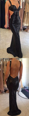 Sparkle Black Sequined Sexy Mermaid Backless Long Prom Dresses, BG51029