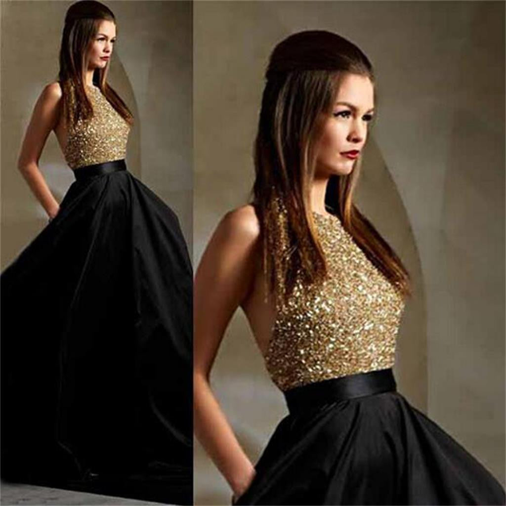 Black Gold Halter Sparkle Long Evening Party Prom Dresses, BG51126 - Bubble Gown