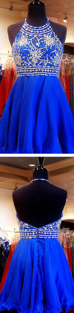 Beaded Royal Blue Short Halter Sweet 16 Cocktail Graduation Homecoming Dress, BG51414 - Bubble Gown