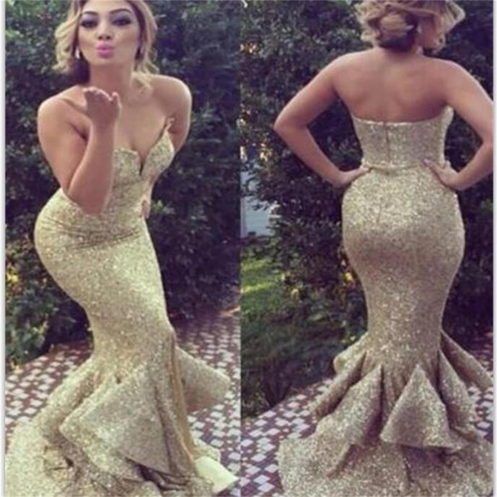 Gold Sequin Sweetheart Long Mermaid Evening Party Prom Dresses, BG51089 - Bubble Gown