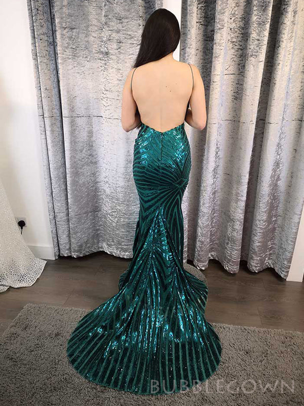 Sexy Backless Mermaid Spakly Spaghetti Straps Long Evening Prom Dresses, Custom Prom Dresses, BGS0005