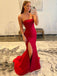 Simple Red Satin Strapless Mermaid Long Evening Prom Dresses, Custom side Slit Prom Dresses, BGS0007