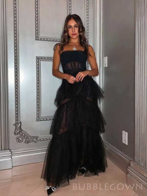 A-line Black Tulle Spaghetti Straps Long Evening Prom Dresses, Custom Prom Dresses, BGS0011