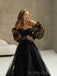 A-line Black Tulle Off Shoulder Long Evening Prom Dresses, Custom High Slit Prom Dresses, BGS0030