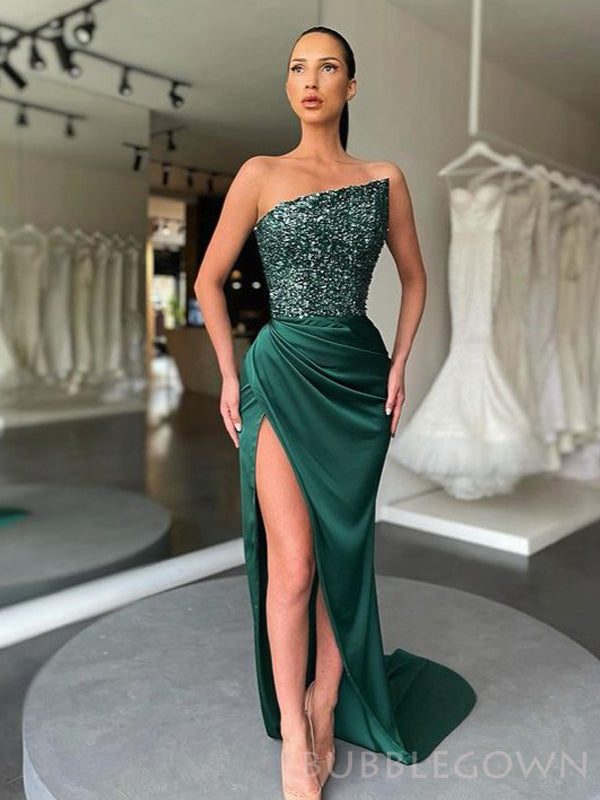 Mermaid Dark Green Satin Sequin Strapless Long Evening Prom Dresses, Custom High Slit Prom Dresses, BGS0031