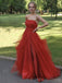 Red Tulle Strapless A-line Long Evening Prom Dresses, Custom Side Slit Prom Dresses, BGS0038