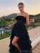 A-line Black Tulle Strapless Long Evening Prom Dresses, Custom High Low Prom Dresses, BGS0048