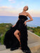 A-line Black Tulle Strapless Long Evening Prom Dresses, Custom High Low Prom Dresses, BGS0048