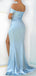 Off Shoulder Sky Blue Satin Mermaid Long Evening Prom Dresses, Custom High Slit Prom Dresses, BGS0052